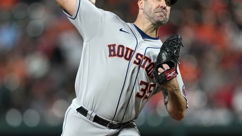 Sep 22, 2022; Baltimore, Maryland, USA; Houston Astros pitcher Justin Verlander (35) delivers in the first inning against the Baltimore Orioles at Oriole Park at Camden Yards. Mandatory Credit: Mitch Stringer-USA TODAY Sports