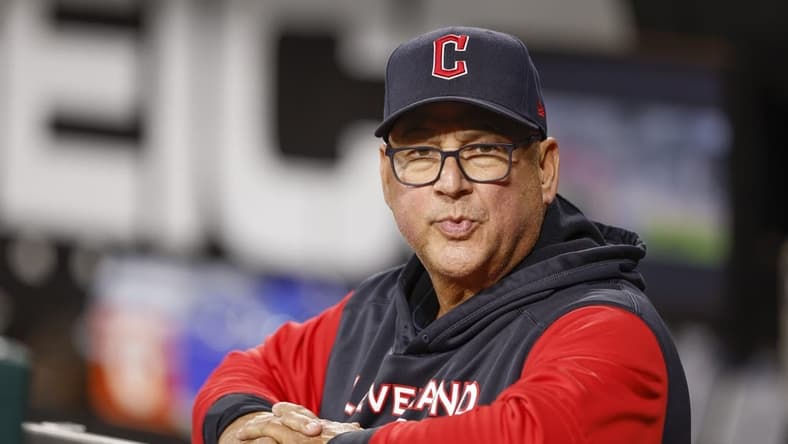 Sep 22, 2022; Chicago, Illinois, USA; Cleveland Guardians manager Terry Francona (77) looks on from the dugout before a baseball game against the Chicago White Sox at Guaranteed Rate Field. Mandatory Credit: Kamil Krzaczynski-USA TODAY Sports