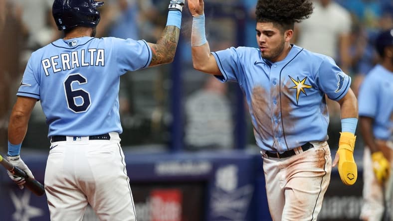 Sep 22, 2022; St. Petersburg, Florida, USA; Tampa Bay Rays left fielder David Peralta (6) congratulates third baseman Jonathan Aranda (62) after scoring a run against the Toronto Blue Jays in the fourth inning at Tropicana Field. Mandatory Credit: Nathan Ray Seebeck-USA TODAY Sports