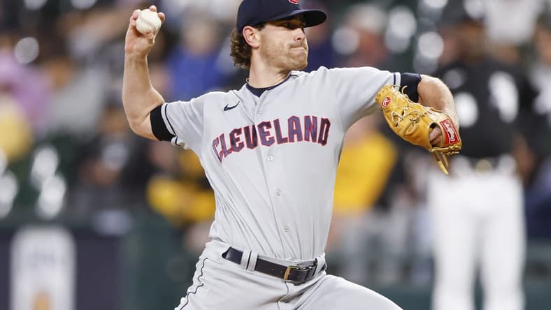 Sep 22, 2022; Chicago, Illinois, USA; Cleveland Guardians starting pitcher Shane Bieber (57) delivers against the Chicago White Sox during the first inning at Guaranteed Rate Field. Mandatory Credit: Kamil Krzaczynski-USA TODAY Sports