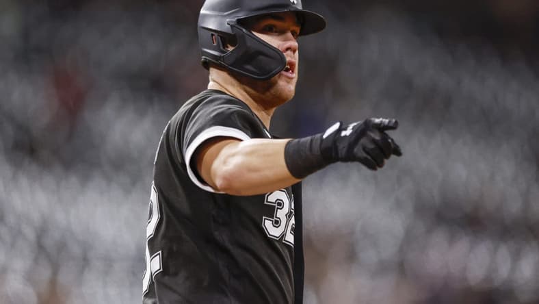Sep 22, 2022; Chicago, Illinois, USA; Chicago White Sox right fielder Gavin Sheets (32) rounds the bases after hitting a solo home run against the Cleveland Guardians during the eight inning at Guaranteed Rate Field. Mandatory Credit: Kamil Krzaczynski-USA TODAY Sports