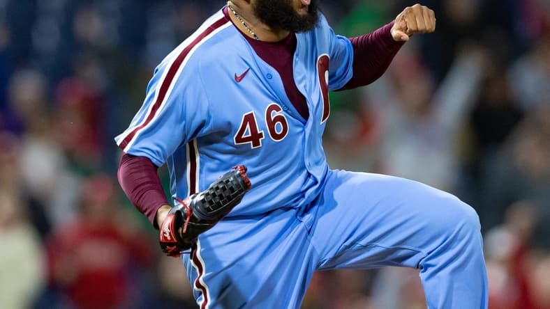 Sep 22, 2022; Philadelphia, Pennsylvania, USA; Philadelphia Phillies relief pitcher Jose Alvarado (46) reacts after a strike out to complete a victory against the Atlanta Braves at Citizens Bank Park. Mandatory Credit: Bill Streicher-USA TODAY Sports
