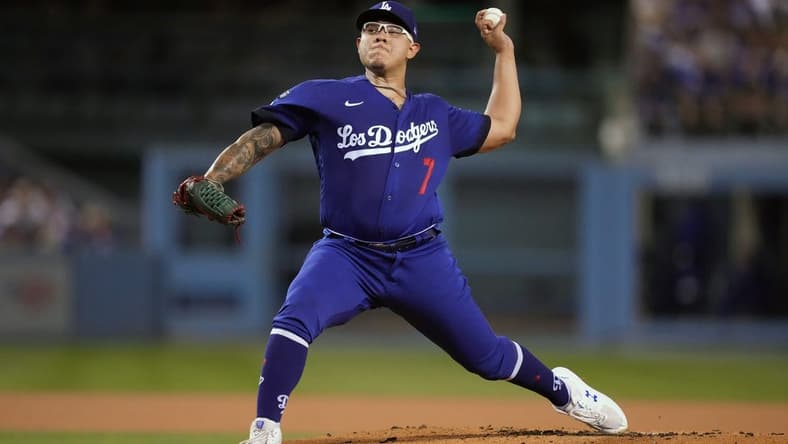 Sep 22, 2022; Los Angeles, California, USA; Los Angeles Dodgers starting pitcher Julio Urias (7) throws in the first inning against the Arizona Diamondbacks at Dodger Stadium. Mandatory Credit: Kirby Lee-USA TODAY Sports
