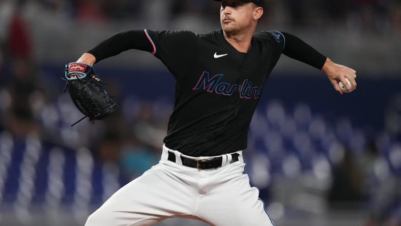 Sep 24, 2022; Miami, Florida, USA; Miami Marlins starting pitcher Braxton Garrett (60) delivers a pitch in the first inning against the Washington Nationals at loanDepot park. Mandatory Credit: Jasen Vinlove-USA TODAY Sports
