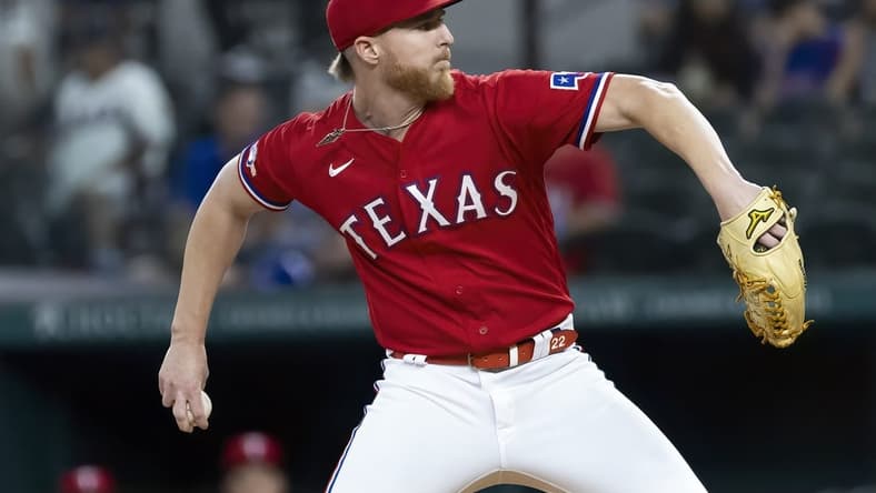 Sep 23, 2022; Arlington, Texas, USA; Texas Rangers starting pitcher Jon Gray (22) throws during the first inning against the Cleveland Guardians at Globe Life Field. Mandatory Credit: Kevin Jairaj-USA TODAY Sports