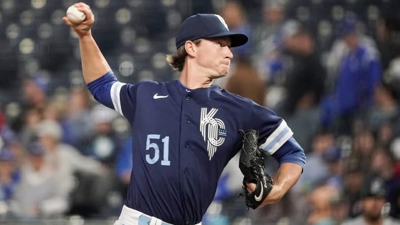 Sep 23, 2022; Kansas City, Missouri, USA; Kansas City Royals starting pitcher Brady Singer (51) throws a pitch against the Seattle Mariners in the first inning at Kauffman Stadium. Mandatory Credit: Denny Medley-USA TODAY Sports