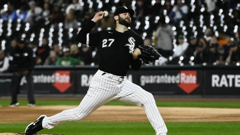 Sep 23, 2022; Chicago, Illinois, USA; Chicago White Sox starting pitcher Lucas Giolito (27) delivers against the Detroit Tigers during the first inning at Guaranteed Rate Field. Mandatory Credit: Matt Marton-USA TODAY Sports