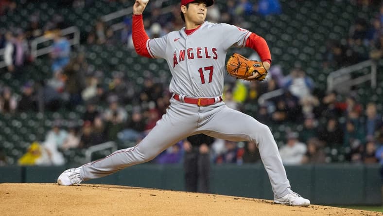 Sep 23, 2022; Minneapolis, Minnesota, USA; Los Angeles Angels starting pitcher Shohei Ohtani (17) throws a pitch during the first inning against the Minnesota Twins at Target Field. Mandatory Credit: Jordan Johnson-USA TODAY Sports
