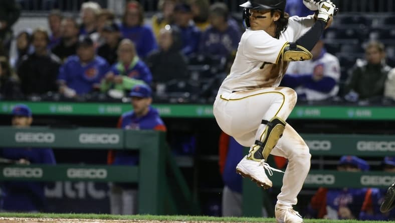 Sep 23, 2022; Pittsburgh, Pennsylvania, USA; Pittsburgh Pirates second baseman Ji-hwan Bae (71) at bat in his major league debut against the Chicago Cubs during the fourth inning at PNC Park. Mandatory Credit: Charles LeClaire-USA TODAY Sports