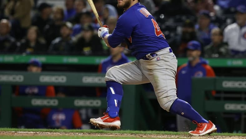 Sep 23, 2022; Pittsburgh, Pennsylvania, USA; Chicago Cubs second baseman Esteban Quiroz (43) hits an RBI single against the Pittsburgh Pirates during the eighth inning at PNC Park. Mandatory Credit: Charles LeClaire-USA TODAY Sports
