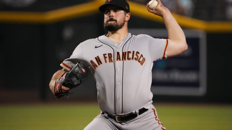 Sep 23, 2022; Phoenix, Arizona, USA; San Francisco Giants starting pitcher Carlos Rodon (16) throws a pitch against the Arizona Diamondbacks during the first inning at Chase Field. Mandatory Credit: Joe Camporeale-USA TODAY Sports