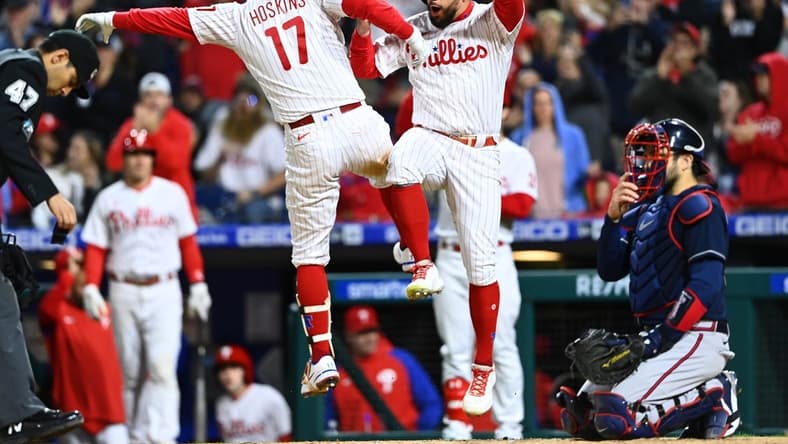 Sep 23, 2022; Philadelphia, Pennsylvania, USA; Philadelphia Phillies first baseman Rhys Hoskins (17) celebrates with outfielder Kyle Schwarber (12) after hitting a two-run home run against the Atlanta Braves in the fourth innin at Citizens Bank Park. Mandatory Credit: Kyle Ross-USA TODAY Sports