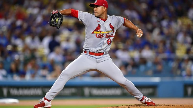 Sep 23, 2022; Los Angeles, California, USA; St. Louis Cardinals starting pitcher Jose Quintana (62) throws agasinst the Los Angeles Dodgers during the first inning at Dodger Stadium. Mandatory Credit: Gary A. Vasquez-USA TODAY Sports
