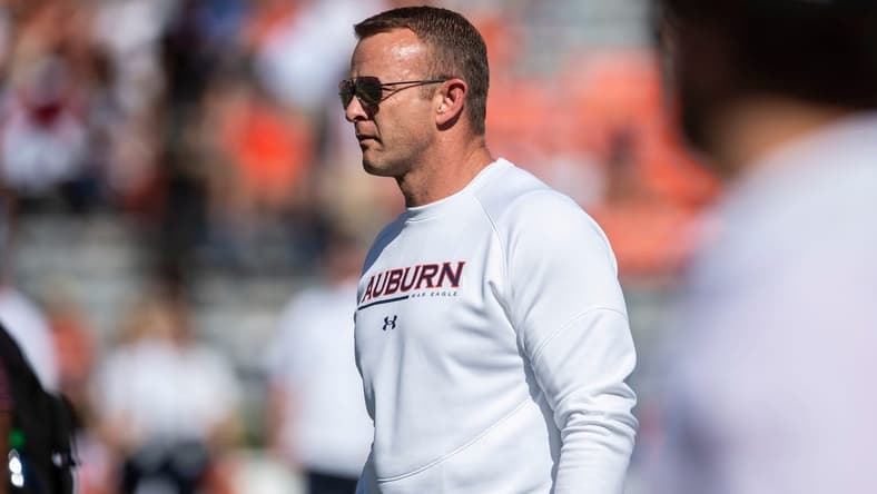 Auburn Tigers head coach Bryan Harsin looks on during warm ups before Auburn Tigers take on Missouri Tigers at Jordan-Hare Stadium in Auburn, Ala., on Saturday, Sept. 24, 2022.