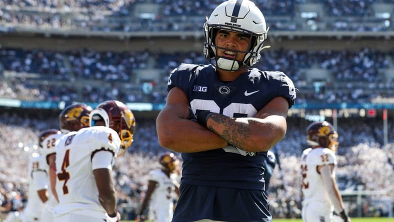 Sep 24, 2022; University Park, Pennsylvania, USA; Penn State Nittany Lions tight end Brenton Strange (86) reacts after scoring a touchdown during the first quarter against the Central Michigan Chippewas at Beaver Stadium. Mandatory Credit: Matthew OHaren-USA TODAY Sports