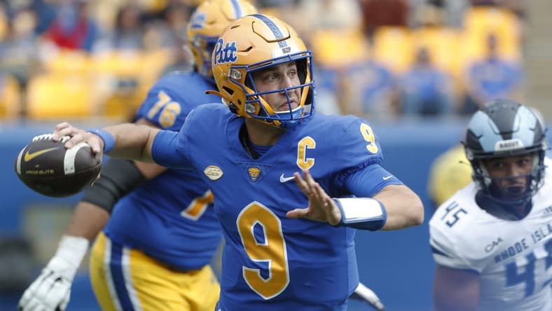 Sep 24, 2022; Pittsburgh, Pennsylvania, USA;  Pittsburgh Panthers quarterback Kedon Slovis (9) scrambles with the ball against the Rhode Island Rams during the second quarter at Acrisure Stadium. Mandatory Credit: Charles LeClaire-USA TODAY Sports