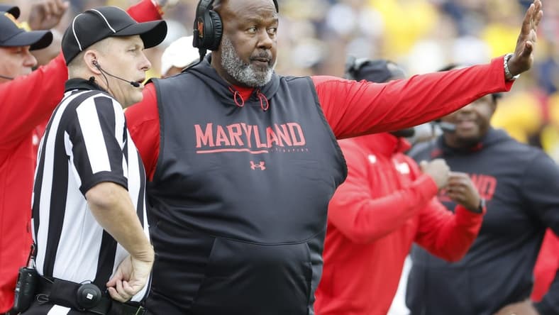 Sep 24, 2022; Ann Arbor, Michigan, USA; Maryland Terrapins head coach Mike Locksley talks to the referee in the second half against the Michigan Wolverines at Michigan Stadium. Mandatory Credit: Rick Osentoski-USA TODAY Sports