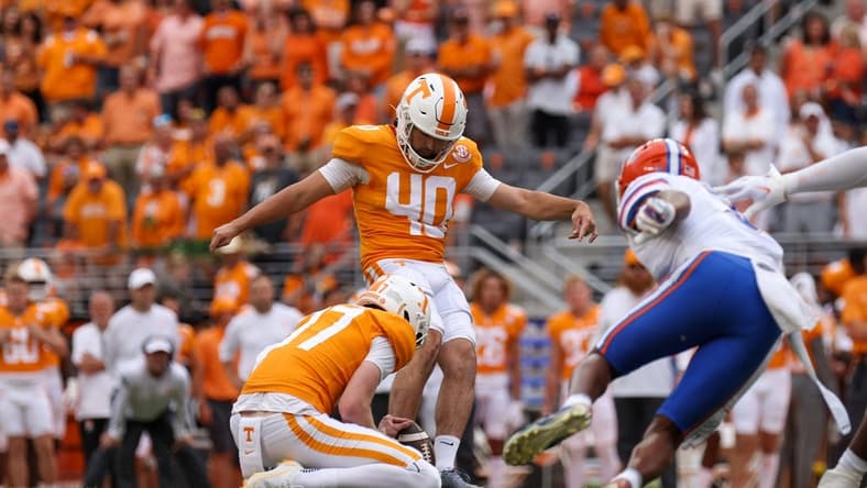 Sep 24, 2022; Knoxville, Tennessee, USA; Tennessee Volunteers place kicker Chase McGrath (40) kicks a field goal against the Florida Gators during the first quarter at Neyland Stadium. Mandatory Credit: Randy Sartin-USA TODAY Sports