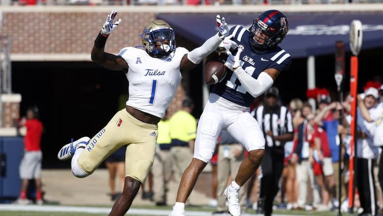 Sep 24, 2022; Oxford, Mississippi, USA; Tulsa Golden Hurricane defensive back Kendarin Ray (1) breaks up a pass intended for Mississippi Rebels wide receiver Jordan Watkins (11) during the first half at Vaught-Hemingway Stadium. Mandatory Credit: Petre Thomas-USA TODAY Sports