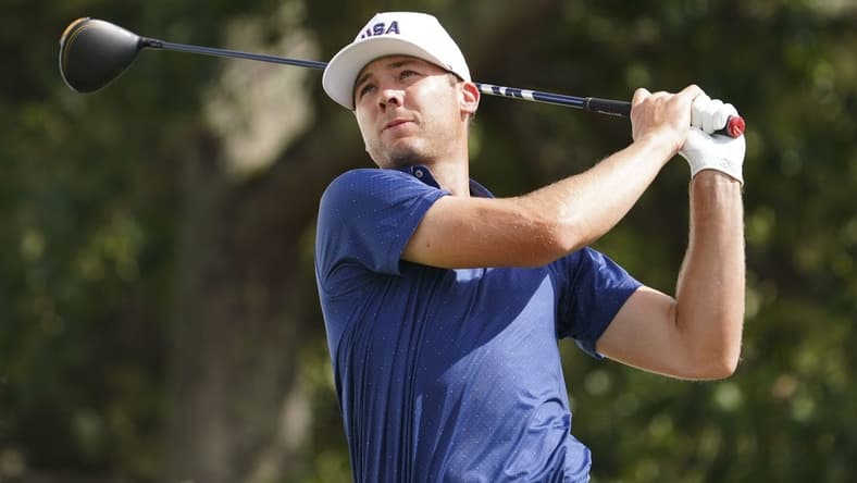 Sep 24, 2022; Charlotte, North Carolina, USA; Team USA golfer Sam Burns hits his tee shot on the 12th hole during the four-ball match play of the Presidents Cup golf tournament at Quail Hollow Club. Mandatory Credit: Peter Casey-USA TODAY Sports