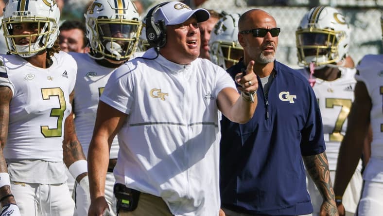 Sep 24, 2022; Orlando, Florida, USA; Georgia Tech Yellow Jackets head coach Geoff Collins reacts to a call during the first quarter against the UCF Knights at FBC Mortgage Stadium. Mandatory Credit: Mike Watters-USA TODAY Sports