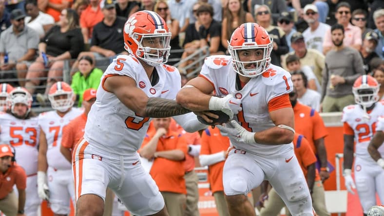 Clemson quarterback D.J. Uiagalelei (5) hands off to running back Will Shipley (1) during the third quarter at Truist Field in Winston-Salem, North Carolina Saturday, September 24, 2022.
Ncaa Football Clemson At Wake Forest