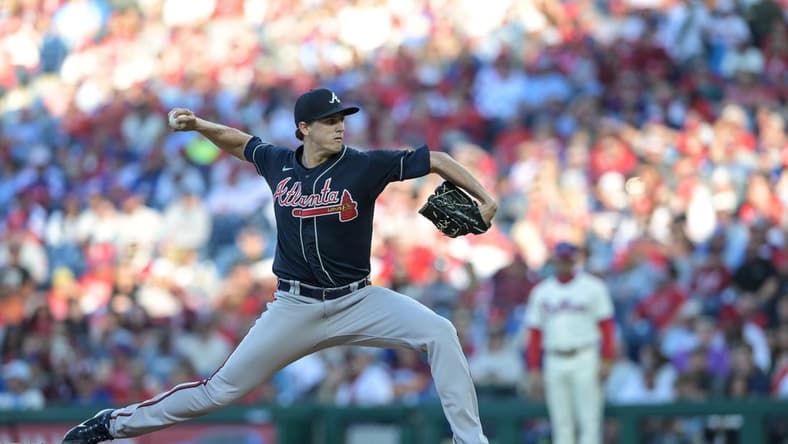 Sep 24, 2022; Philadelphia, Pennsylvania, USA;  Atlanta Braves starting pitcher Kyle Wright (30) pitches during the fourth inning of the game against the Philadelphia Phillies at Citizens Bank Park. Mandatory Credit: John Geliebter-USA TODAY Sports