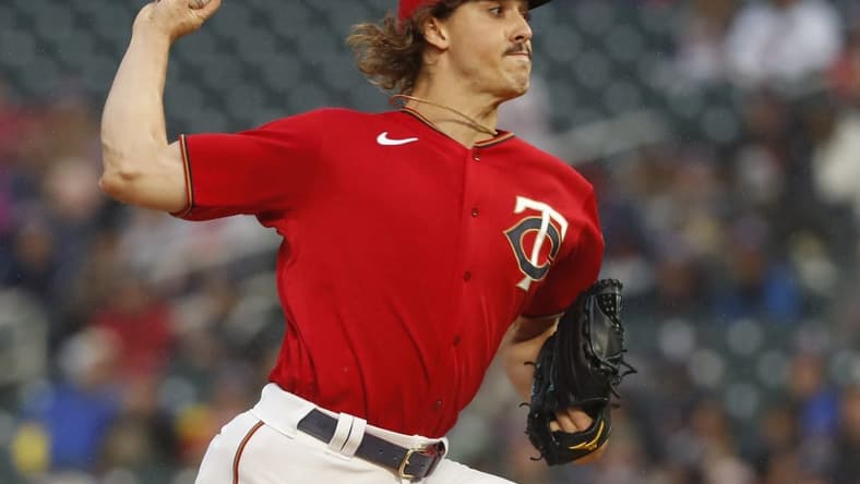 Sep 24, 2022; Minneapolis, Minnesota, USA; Minnesota Twins starting pitcher Joe Ryan (41) throws to the Los Angeles Angels in the first inning at Target Field. Mandatory Credit: Bruce Kluckhohn-USA TODAY Sports