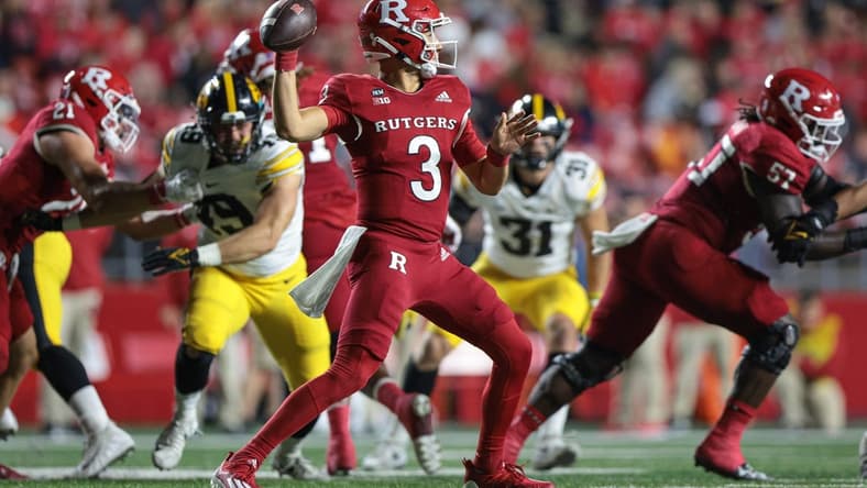 Sep 24, 2022; Piscataway, New Jersey, USA; Rutgers Scarlet Knights quarterback Evan Simon (3) throws against the Iowa Hawkeyes during the first half at SHI Stadium. Mandatory Credit: Vincent Carchietta-USA TODAY Sports