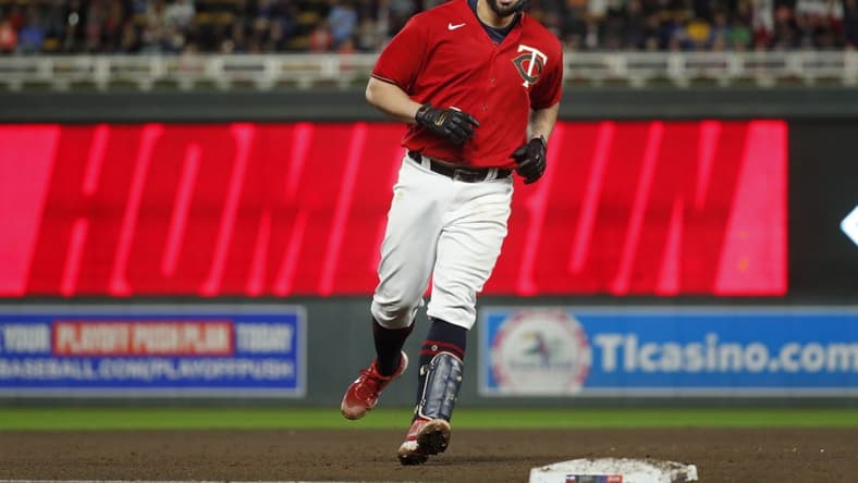 Sep 24, 2022; Minneapolis, Minnesota, USA; Minnesota Twins catcher Gary Sanchez (24) runs the bases on a three-run home run against the Los Angeles Angels in the fifth inning at Target Field. Mandatory Credit: Bruce Kluckhohn-USA TODAY Sports