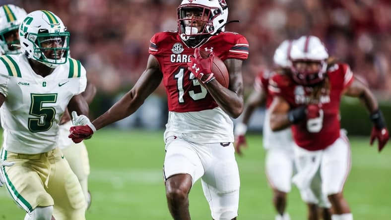 Sep 24, 2022; Columbia, South Carolina, USA; South Carolina Gamecocks wide receiver Jalen Brooks (13) runs after the catch against the Charlotte 49ers in the second quarter at Williams-Brice Stadium. Mandatory Credit: Jeff Blake-USA TODAY Sports