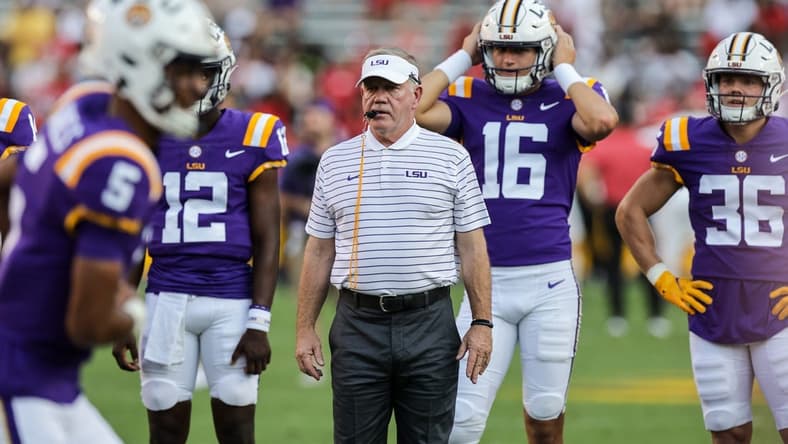 Sep 24, 2022; Baton Rouge, Louisiana, USA; LSU Tigers head coach Brian Kelly during warmups before the game against the New Mexico Lobos at Tiger Stadium. Mandatory Credit: Stephen Lew-USA TODAY Sports