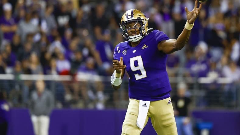 Sep 24, 2022; Seattle, Washington, USA; Washington Huskies quarterback Michael Penix Jr. (9) passes against the Stanford Cardinal during the first quarter at Alaska Airlines Field at Husky Stadium. Mandatory Credit: Joe Nicholson-USA TODAY Sports