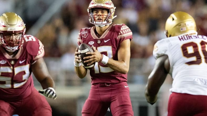 Florida State Seminoles quarterback Jordan Travis (13) looks for an open teammate for a pass. The Florida State Seminoles lead the Boston College Eagles at the half 31-0 Saturday, Sept. 24, 2022.
Fsu V Bc550