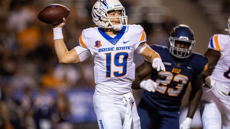Sep 23, 2022; El Paso, Texas, USA; Boise State quarterback Hank Bachmeier (19) against the UTEP Miners defense in the first half at Sun Bowl. Mandatory Credit: Ivan Pierre Aguirre-USA TODAY Sports