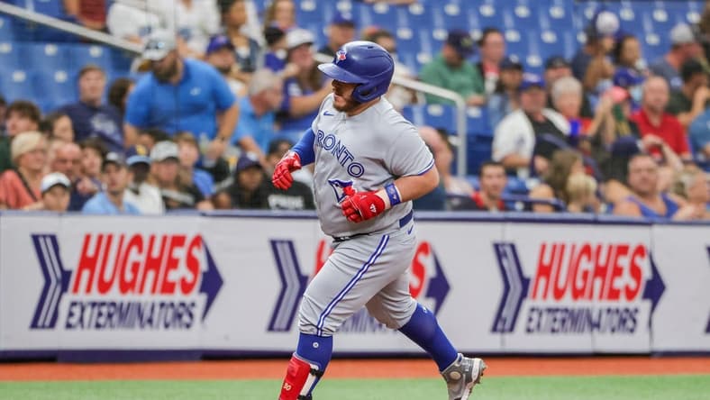 Sep 25, 2022; St. Petersburg, Florida, USA; Toronto Blue Jays catcher Alejandro Kirk (30) rounds third base after hitting a home run during the first inning against the Tampa Bay Rays at Tropicana Field. Mandatory Credit: Mike Watters-USA TODAY Sports