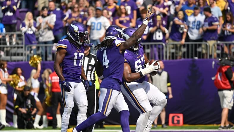 Sep 25, 2022; Minneapolis, Minnesota, USA; Minnesota Vikings running back Dalvin Cook (4) and wide receiver K.J. Osborn (17) and guard Ed Ingram (67) react after a touchdown against the Detroit Lions during the second quarter at U.S. Bank Stadium. Mandatory Credit: Jeffrey Becker-USA TODAY Sports