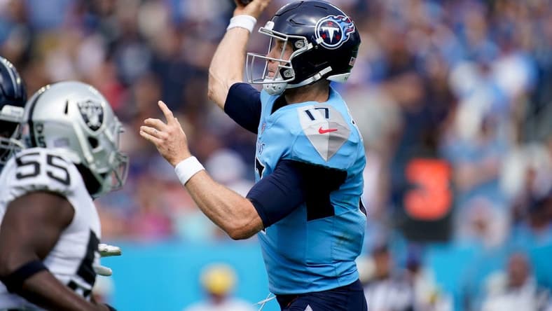 Tennessee Titans quarterback Ryan Tannehill (17) throws an interception during the third quarter at Nissan Stadium Sunday, Sept. 25, 2022, in Nashville, Tenn.
Nfl Las Vegas Raiders At Tennessee Titans