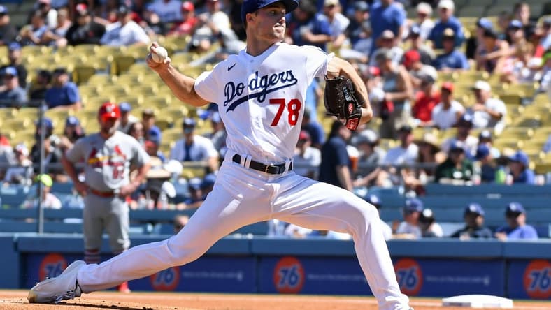 Sep 25, 2022; Los Angeles, California, USA; Los Angeles Dodgers starting pitcher Michael Grove (78) throws a pitch against the St. Louis Cardinals during first inning at Dodger Stadium. Mandatory Credit: Jonathan Hui-USA TODAY Sports
