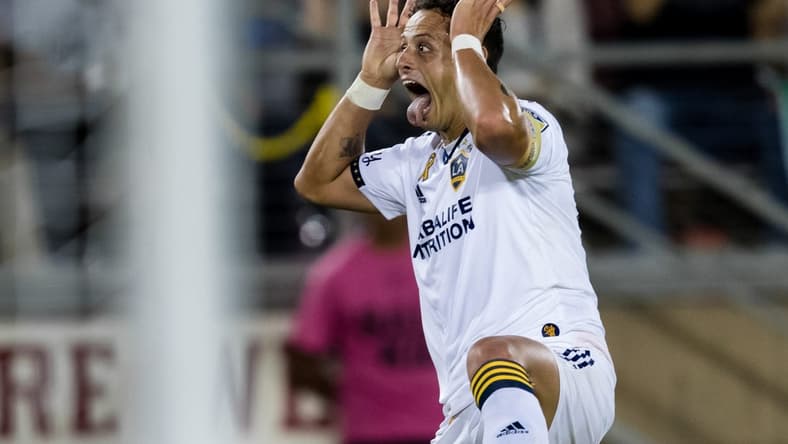 Sep 24, 2022; Stanford, California, USA; Los Angeles Galaxy forward Javier Hernandez (14) celebrates after scoring against the San Jose Earthquakes during the second half at Stanford Stadium. Mandatory Credit: John Hefti-USA TODAY Sports