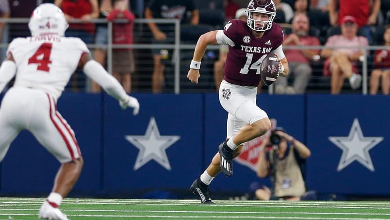 Sep 24, 2022; Arlington, Texas, USA; Texas A&M Aggies quarterback Max Johnson (14) during the first quarter against the Arkansas Razorbacks at AT&T Stadium. Mandatory Credit: Andrew Dieb-USA TODAY Sports