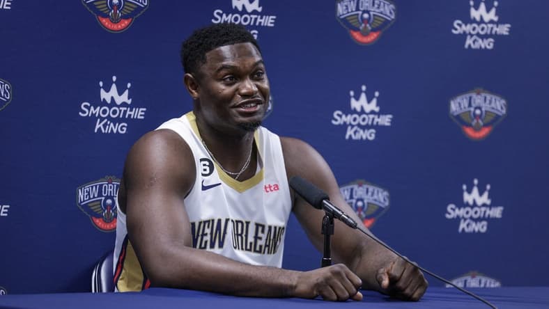 Sep 26, 2022; New Orleans, LA, USA; New Orleans Pelicans forward Zion Williamson (1) during a press conference at the New Orleans Pelicans Media Day from the Smoothie King Center. Mandatory Credit: Stephen Lew-USA TODAY Sports