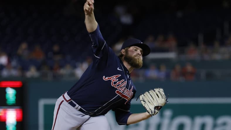 Sep 26, 2022; Washington, District of Columbia, USA; Atlanta Braves starting pitcher Bryce Elder (55) pitches against the Washington Nationals during the first inning at Nationals Park. Mandatory Credit: Geoff Burke-USA TODAY Sports
