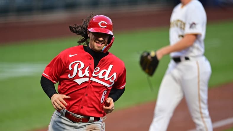 Sep 27, 2022; Pittsburgh, Pennsylvania, USA; Cincinnati Reds second baseman Jonathan India (6) scores a run after a wild pitch by Pittsburgh Pirates starting pitcher Mitch Keller (23) during the first inning at PNC Park. Mandatory Credit: David Dermer-USA TODAY Sports