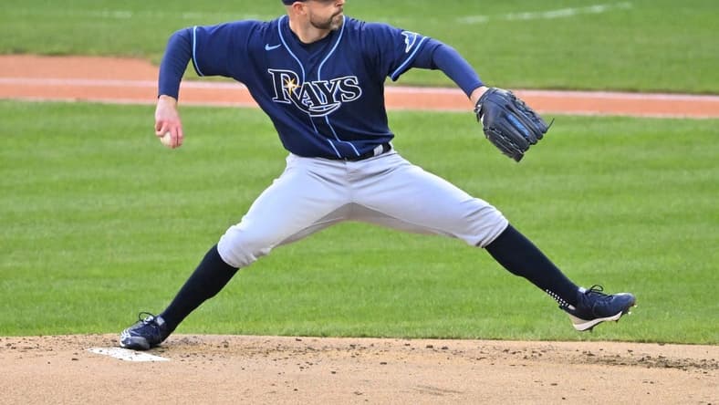 Sep 27, 2022; Cleveland, Ohio, USA; Tampa Bay Rays starting pitcher Corey Kluber (28) delivers a pitch in the first inning against the Cleveland Guardians at Progressive Field. Mandatory Credit: David Richard-USA TODAY Sports