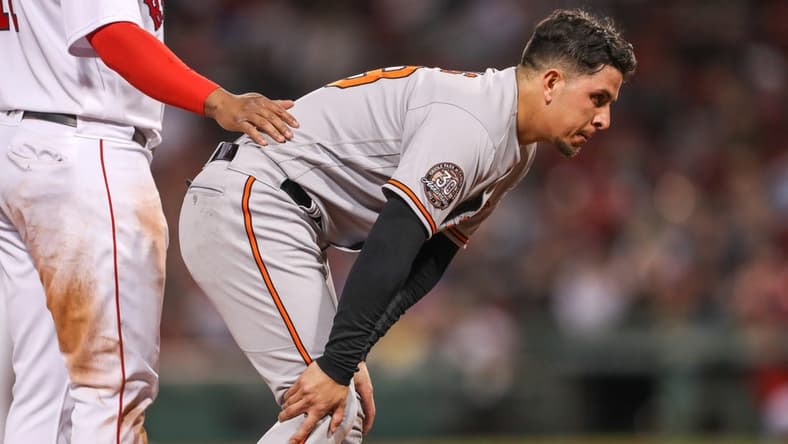 Sep 27, 2022; Boston, Massachusetts, USA; Baltimore Orioles third baseman Ramon Urias (29) reacts after injuring his knee during the fifth inning against the Boston Red Sox at Fenway Park. Mandatory Credit: Paul Rutherford-USA TODAY Sports