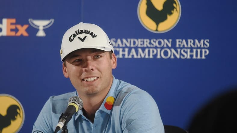 Defending champion Sam Burns speaks during an interview with the media during the Sanderson Farms Championship at the Country Club of Jackson in Jackson, Miss., Wednesday, Sept. 28, 2022. First-round tournament play begins Thursday.

Tcl Sfc Suber