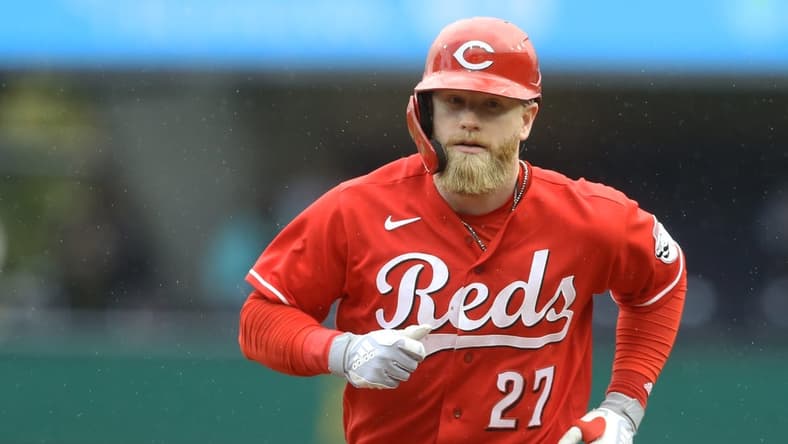 Sep 28, 2022; Pittsburgh, Pennsylvania, USA;  Cincinnati Reds right fielder Jake Fraley (27) circles the bases on a solo home run against the Pittsburgh Pirates during the ninth inning at PNC Park. The Pirates won 4-3 in ten innings. Mandatory Credit: Charles LeClaire-USA TODAY Sports