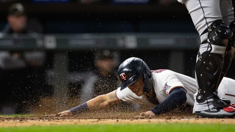 Sep 28, 2022; Minneapolis, Minnesota, USA; Minnesota Twins third baseman Gio Urshela (15) scores during the fourth inning against the Chicago White Sox at Target Field. Mandatory Credit: Jordan Johnson-USA TODAY Sports
