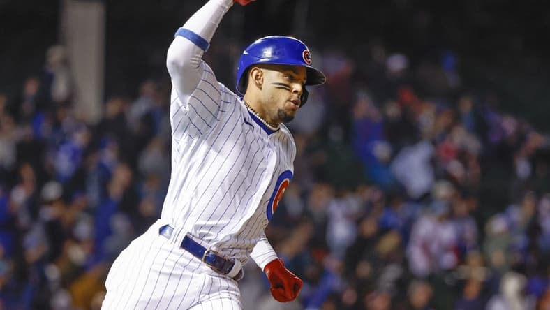 Sep 28, 2022; Chicago, Illinois, USA; Chicago Cubs center fielder Christopher Morel (5) rounds the bases after hitting a three-run home run against the Philadelphia Phillies during the fifth inning at Wrigley Field. Mandatory Credit: Kamil Krzaczynski-USA TODAY Sports
